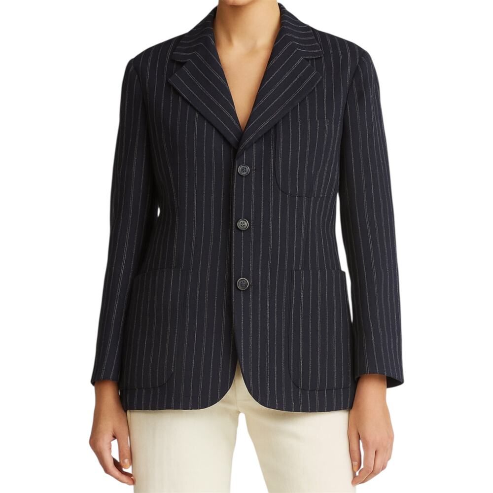 Vintage Ralph Lauren Blue Label Striped Blazer Notch Lapel Pocket Wool Navy 12